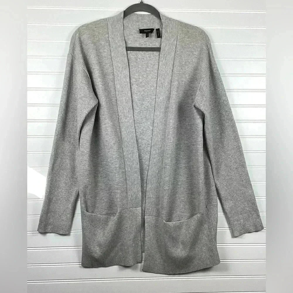 Theory Womens Open Front Long Sleeved Thin Knit Cardigan Sweater Gray Sz Large